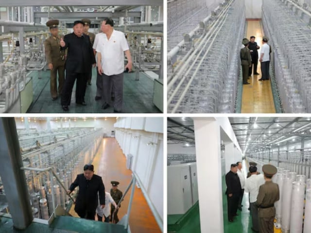 North Korean leader Kim Jong-un inspects the Nuclear Weapons Institute and a weapons-grade nuclear material production facility, in these photos released by Rodong Sinmun on Sept. 13, 2024. PHOTO:News1